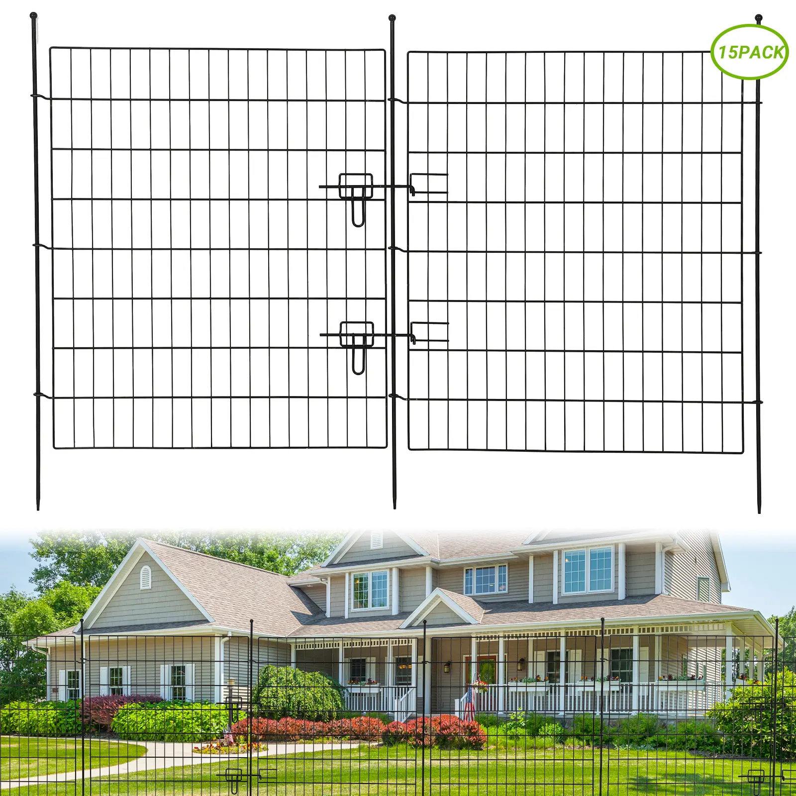 GAOMON Decorative Rustproof Metal Garden Fence - 15 Pack, Arched Animal Barrier Panels for Outdoor Yard, Patio, Lawn & Flower Bed, Easy No-Dig Installation, Black Wire Edge Fencing