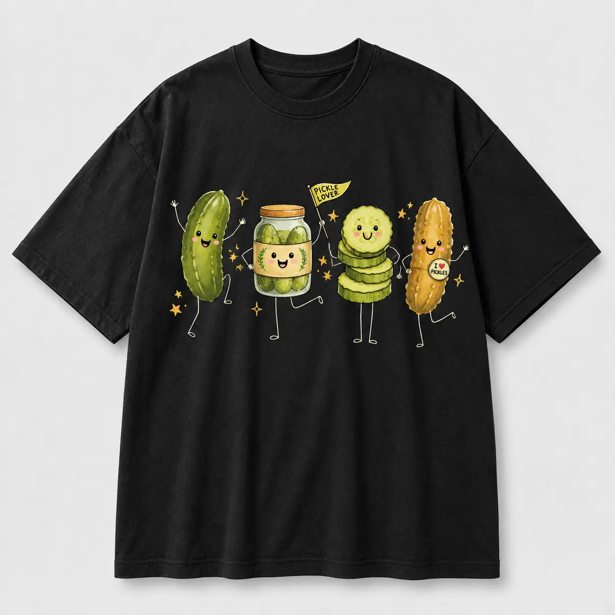 Happy Pickle Doodle Shirt, Cute Pickle Graphic Tee, Funny Food Lover T-Shirt, Retro Smiling Characters Top, Whimsical Gift For Foodies