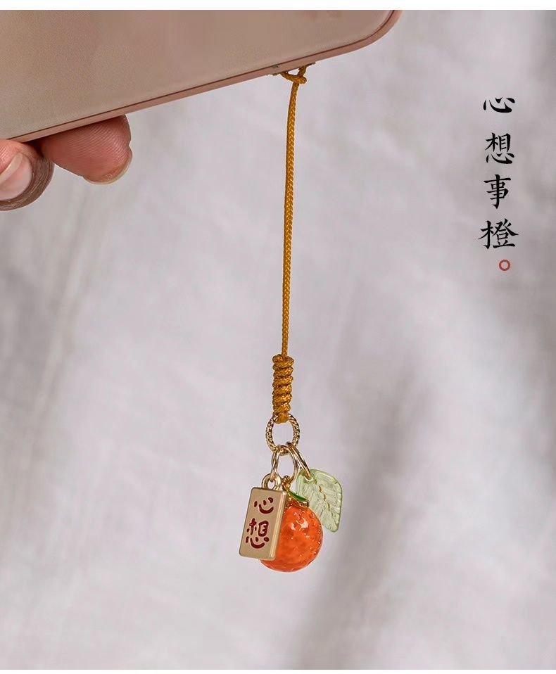 Chinese Good-luck Sayings Style Phone Charm Strap Cute Orange Persimmon Phone Rope Pendant Keychain for IPhone 16