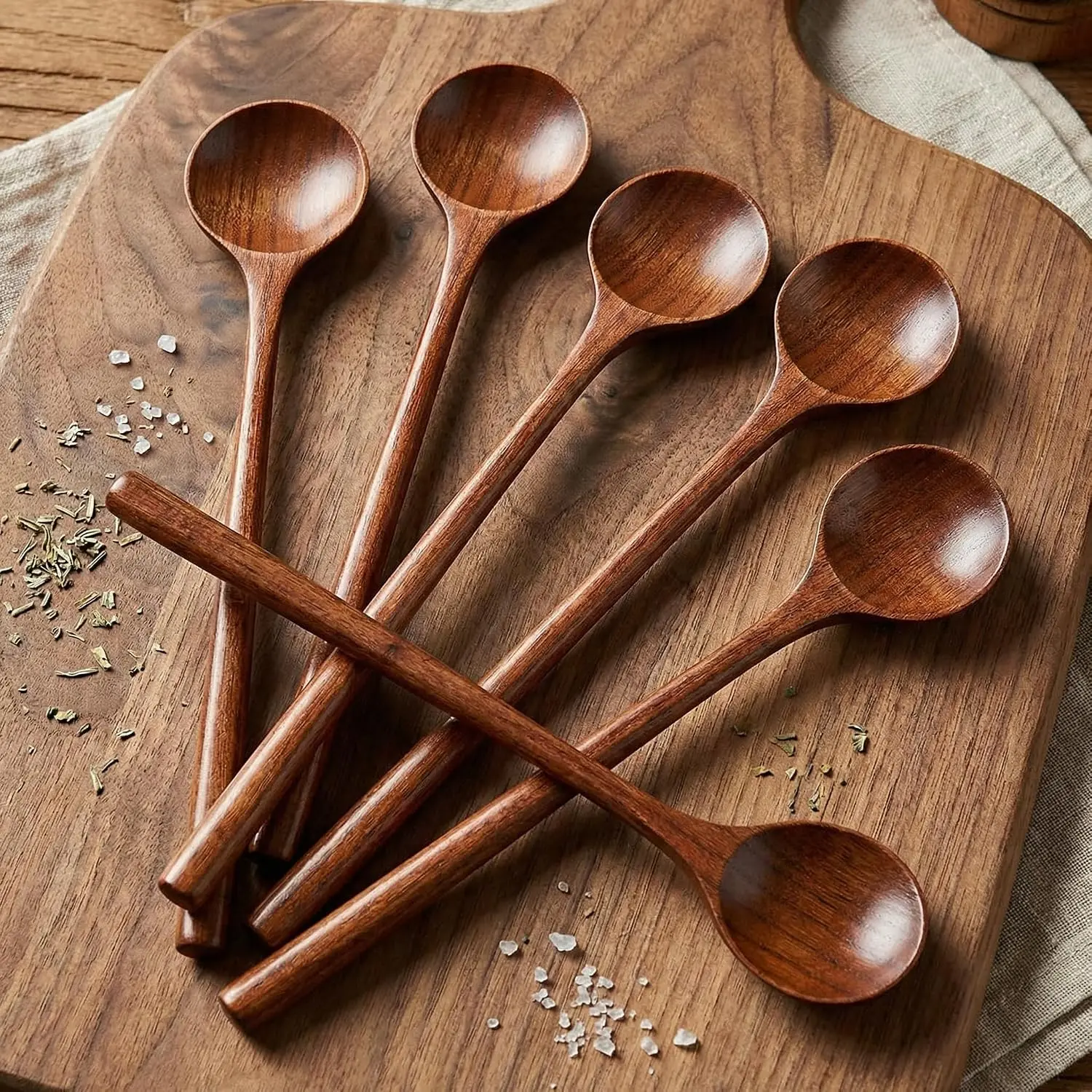 6 count 11 Inch Wooden Spoons Long Handled Wooden Spoons Korean  Style Soup Spoon for Cooking Eating Mixing Stirring Honey Peanut Butter Kitchen Tools Utensils(Brown)