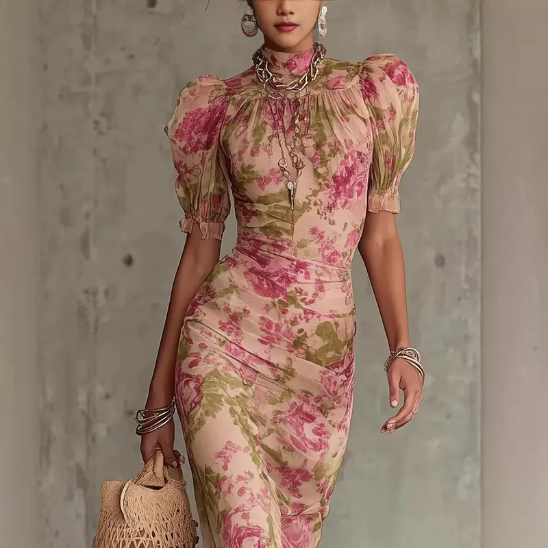 Women's French Style Printed Long Dress - High Neck, Slim Fit, Puff Short Sleeves, Pleated Long Skirt, Casual Wear