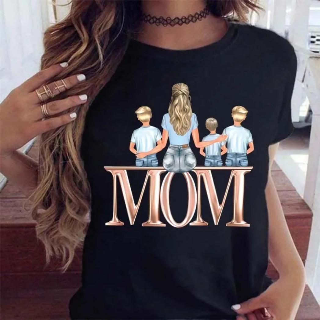 Women T Shirt Cartoon Mom with Sons Shirt Fashion Print Casual Woman Tee Ladies Female T-shirt Short Sleeve T Top Shirt,Father's Day Blanket,Gift for Father, Gift for Mother Crew Neck Funny T-Shirt for Men Sarcastic Cat Meme graphic