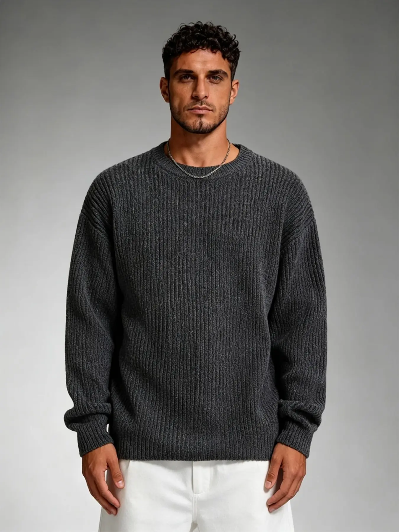 Men's Crew Neck Thick Rib Knit Sweater, Loose Fit Long Sleeve Pullover, Autumn Winter Casual Daily, Comfortable and Stylish