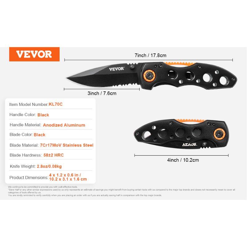 VEVOR Folding Pocket Knife, 3 in/7.6 cm 7Cr17Mov Blade, Aluminum Handle Small EDC Knife with Pocket Clip, Sharp Camping Survival Hiking Knife, 2.8 oz/0.08 kg Easy to Carry for Men Women Self Defense