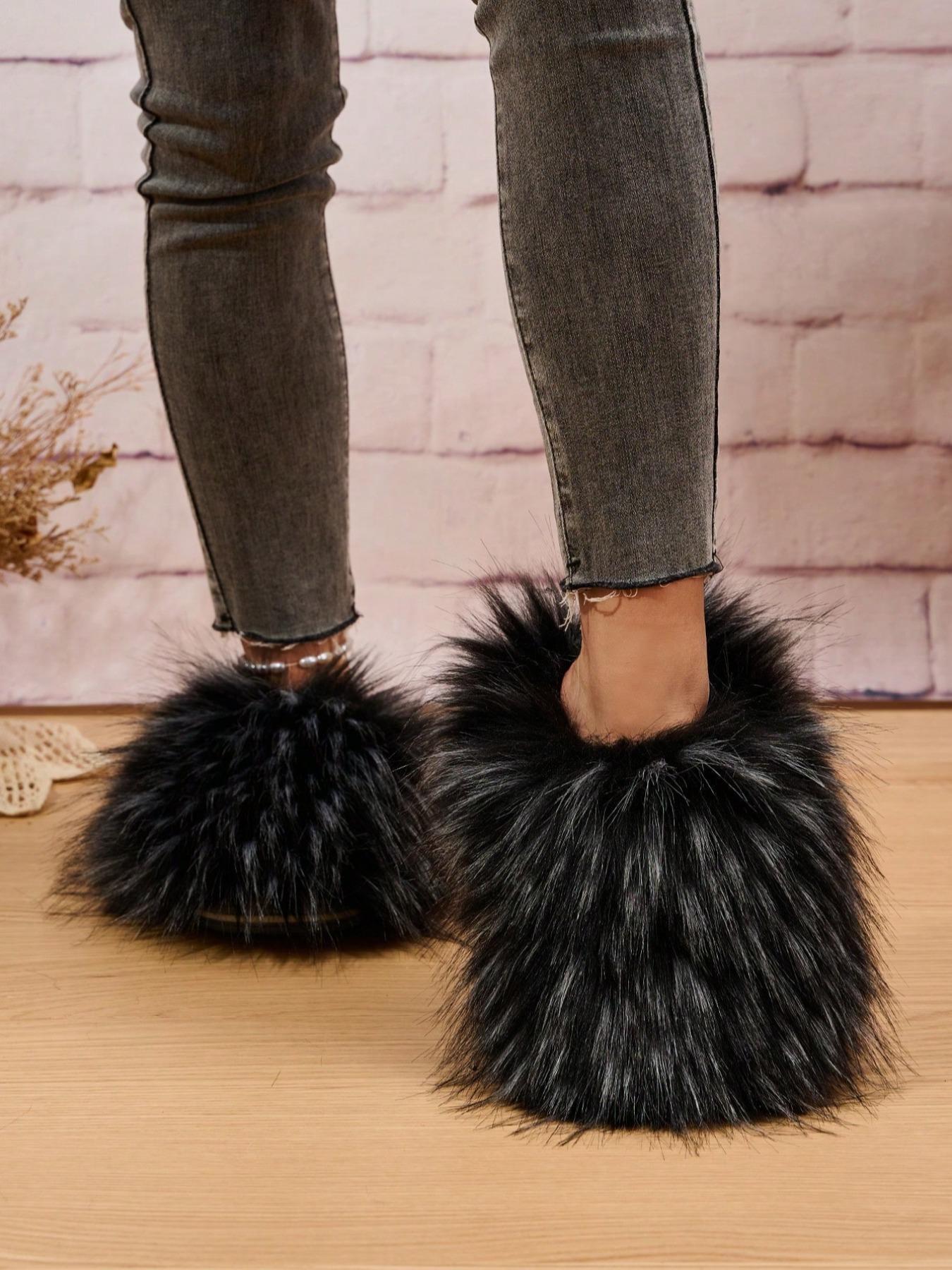 Women's Fashionable Minimalist Fluffy Slide Slippers, Soft Plush Faux Slippers, Fuzzy Warm Slippers, Warm & Cozy Bedroom Slippers for Fall & Winter, Fluffy Home Slippers