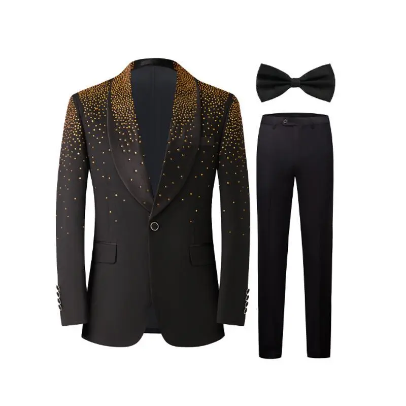 CYZXLTT Men's 2 Piece Double Breasted Suits Slim Fit Tuxedo Beads Rhinestone Jacket Dress Pants Set Wedding Prom Sui Black Drape Elegant Formal Menswear Handmade Long Pocket Polyester Silky
