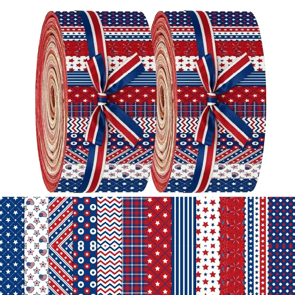 40Pcs Patriotic Independence Day Fabric Strips 4th of July Precut Quilting Strips 2.55x19.7 Inch Cotton Fabric Rolls for Holiday Festive DIY Sewing Gifts