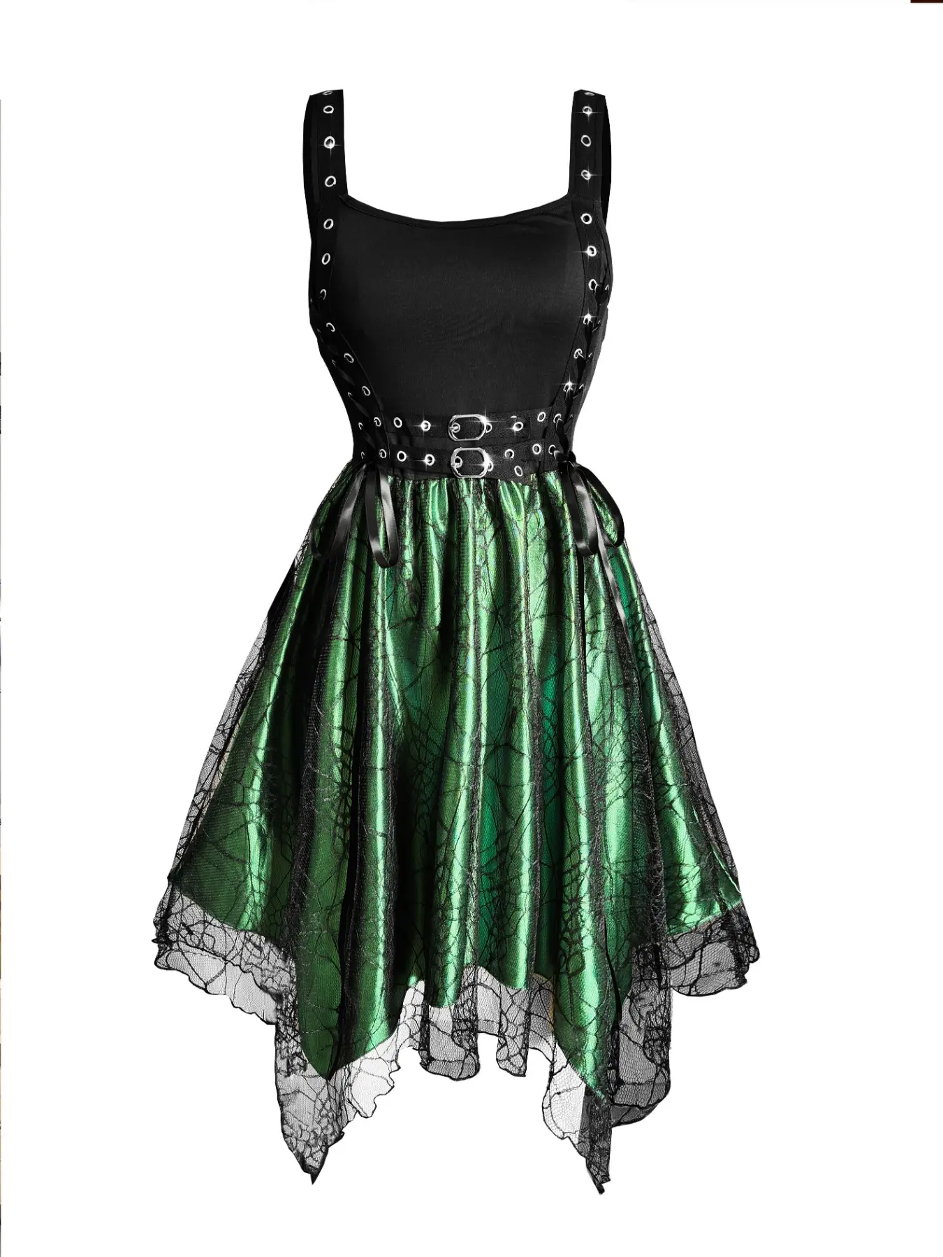 Gothic Spider Web Patchwork Dress, Slim Fit Handkerchief Hem, Punk Metal Decor, Fall Winter Women's Dress, Streetwear, Music Party Fashion