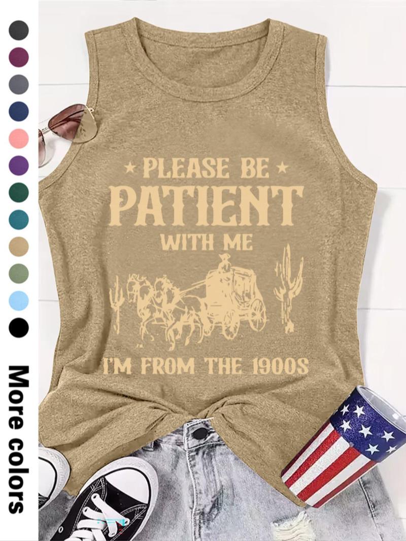 Women's Letter Print Round Neck Tank Top, Casual Sleeveless Crew Neck Top for Daily Wear, Ladies Clothes for All Seasons