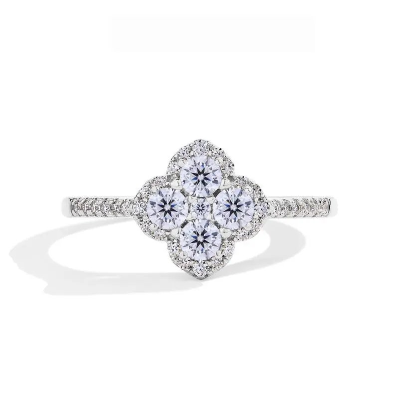 Loveden Four Leaf Clover Cluster Diamond Ring, Full Pave Zircon Stackable Band, Elegant Engagement Wedding Promise Ring for Women