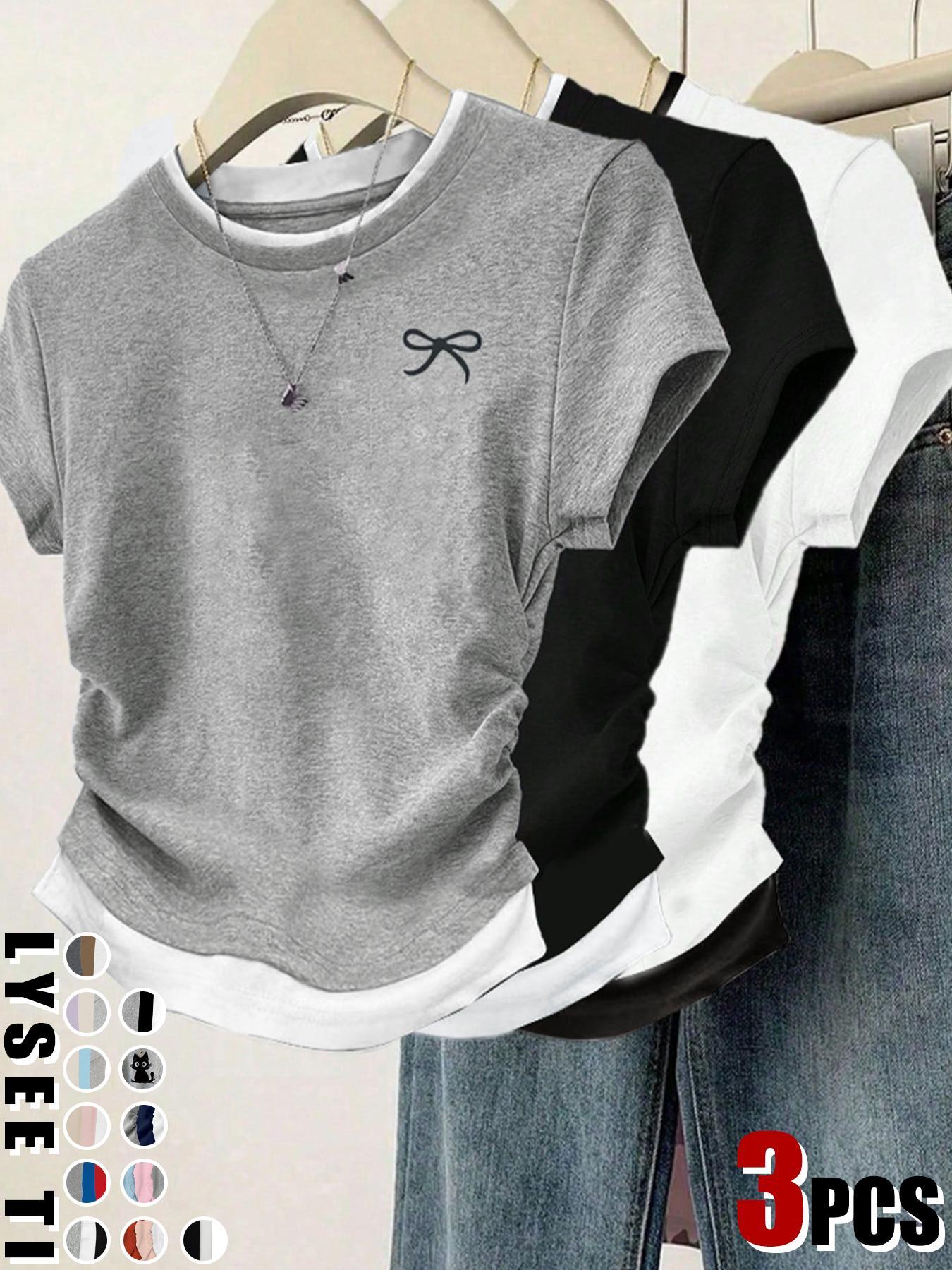 3pcs women's casual fashion slim fit small bow Butterfly print details simple solid color pleated pullover shirt women's round neck short sleeved three piece T-shirt