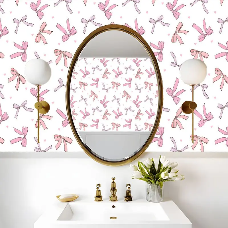 Kawaii Coquette Pink Bow Peel and Stick Wallpaper, Cartoon Wallpaper Removable Self Adhesive Contact Paper for Bedroom, Aesthetic Y2K Wall Decor Roll, Perfect Gift for Girls & Home Decor Lovers, Accent Wall Peel and Stick
