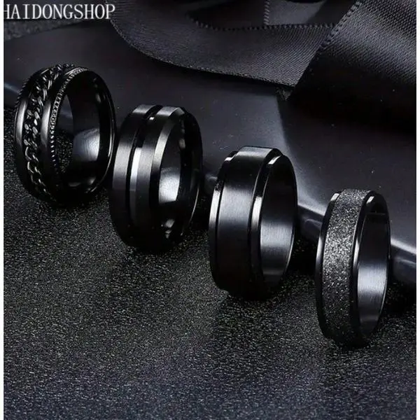 4‑Pcs Tarnish‑Proof Stainless Steel Spinner Rings, 6‑8MM Cool Black Chain Design Unisex Anxiety Stress Relief Rotating Band Sizes 7‑13 for Men Women & Teens, Edgy Unique Mental Calming Daily Jewelry, Hypoallergenic Rust‑Resistant Smooth Spinning Comfort F