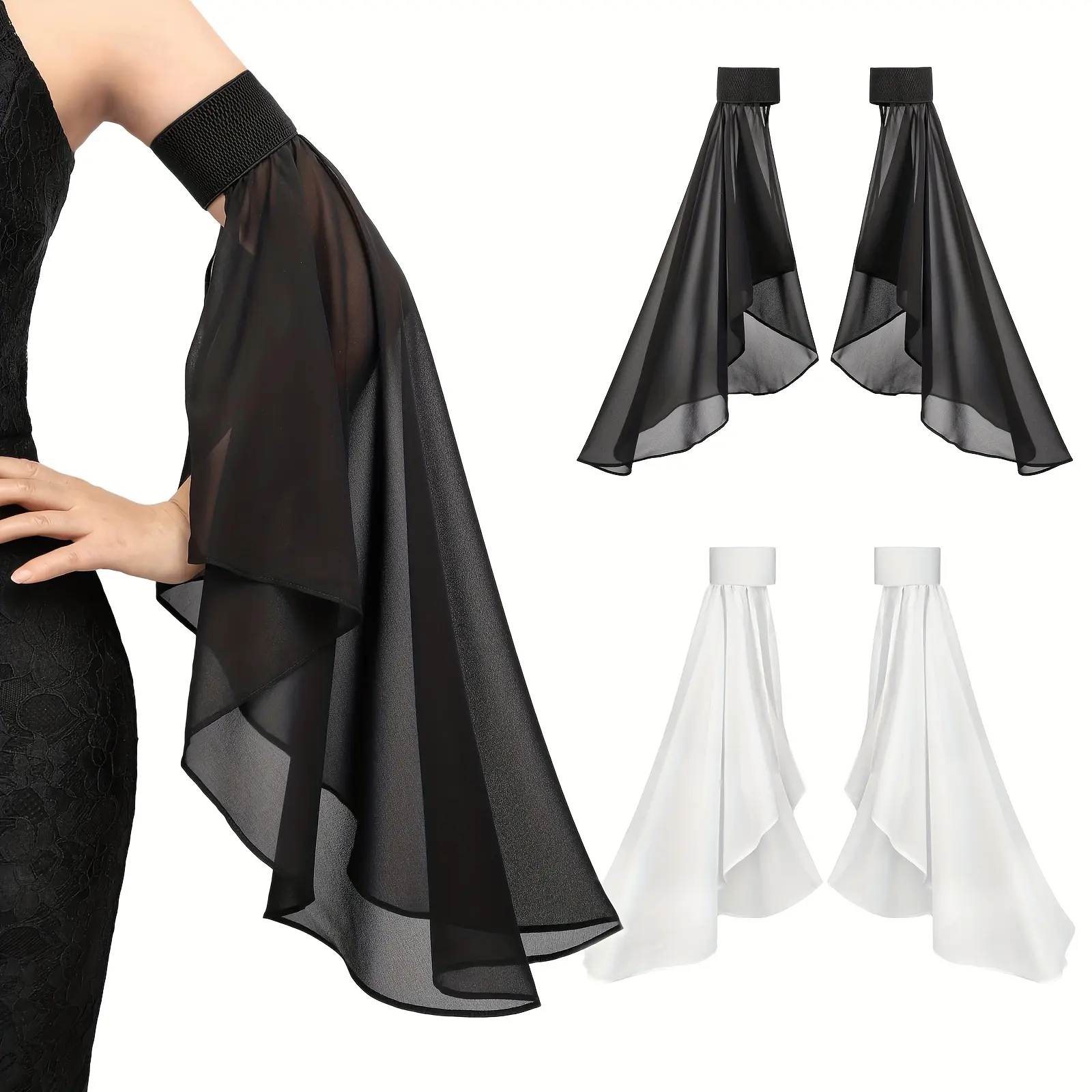 Elegant Women's Long Tulle Sleeves Detachable Chiffon Cuffs, Goth Style for Wedding, Halloween, Party, Renaissance Medieval Costume Accessories