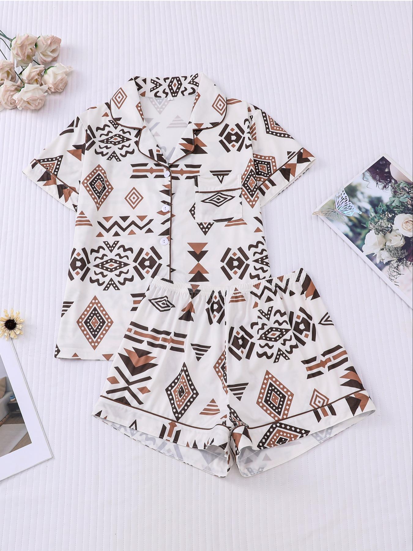 Women's Button Up Shirt & Shorts Pyjama, Casual Comfy Short Sleeve Top & Shorts PJ Set, Ladies Sleepwear for All Seasons, Loungewear, Pajamas