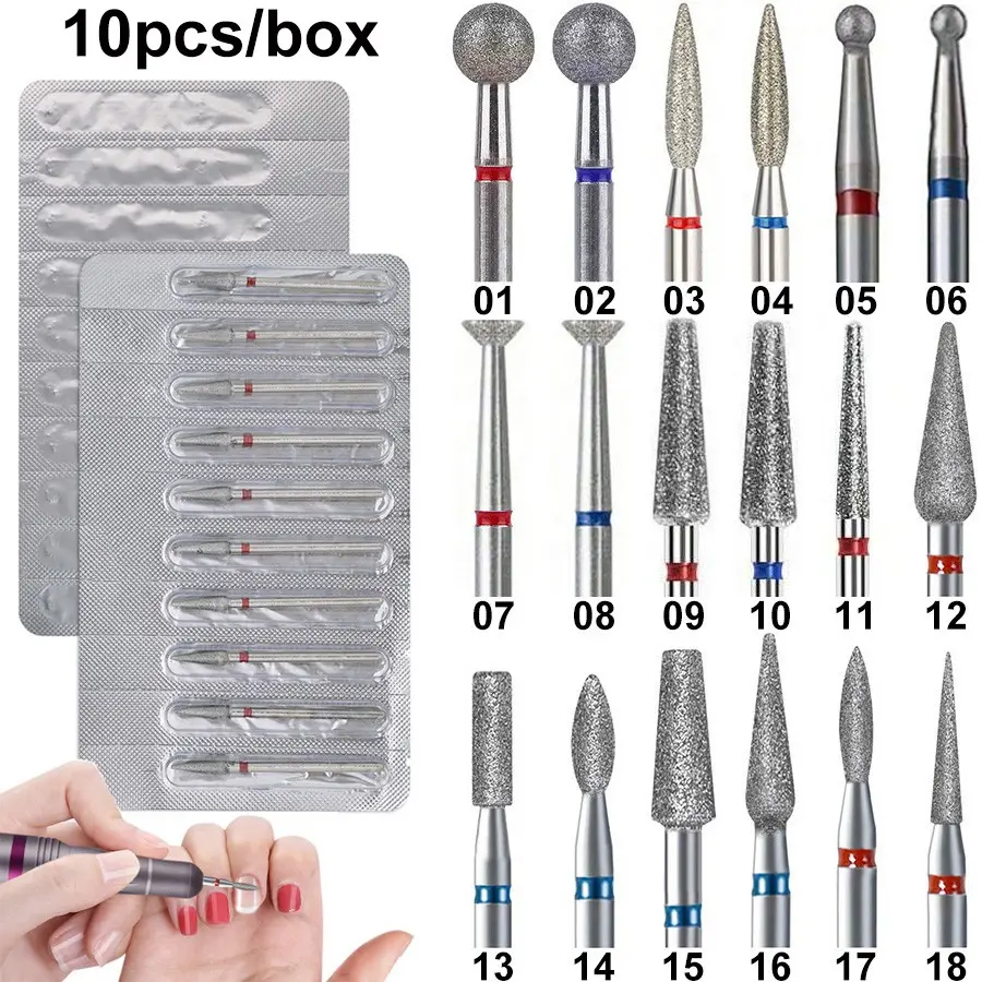 10Pcs/lot Professional Diamond Nail Drill Bit Set Electric Milling Cutters For Manicure Rotary Burr Cuticle Clean Manicure Drill Accessories