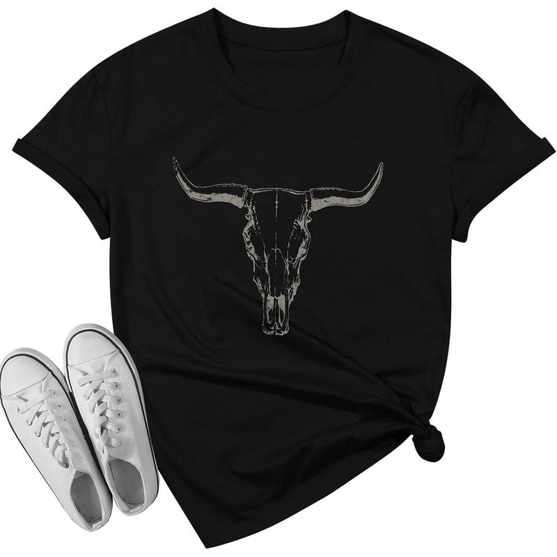 Men's Boho Cow Skull Short-Sleeve Graphic Tee, Vintage Western Rodeo Bull Skull Casual Top, Essential Lightweight Flat Style for Pairing with Skirts & Joggers
