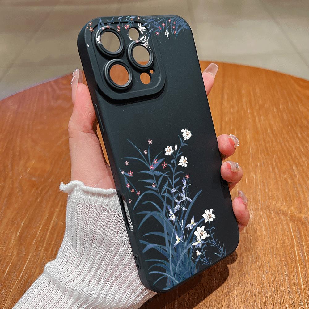 1pc black matte phone case with floral illustrations of plants and green leaves, suitable for iPhone 17/17Pro/17Air/17ProMax/16/16Pro/16Plus/16ProMax/15/15Pro/15Plus/15 ProMax/14/14Plus/14Pro/14ProMax