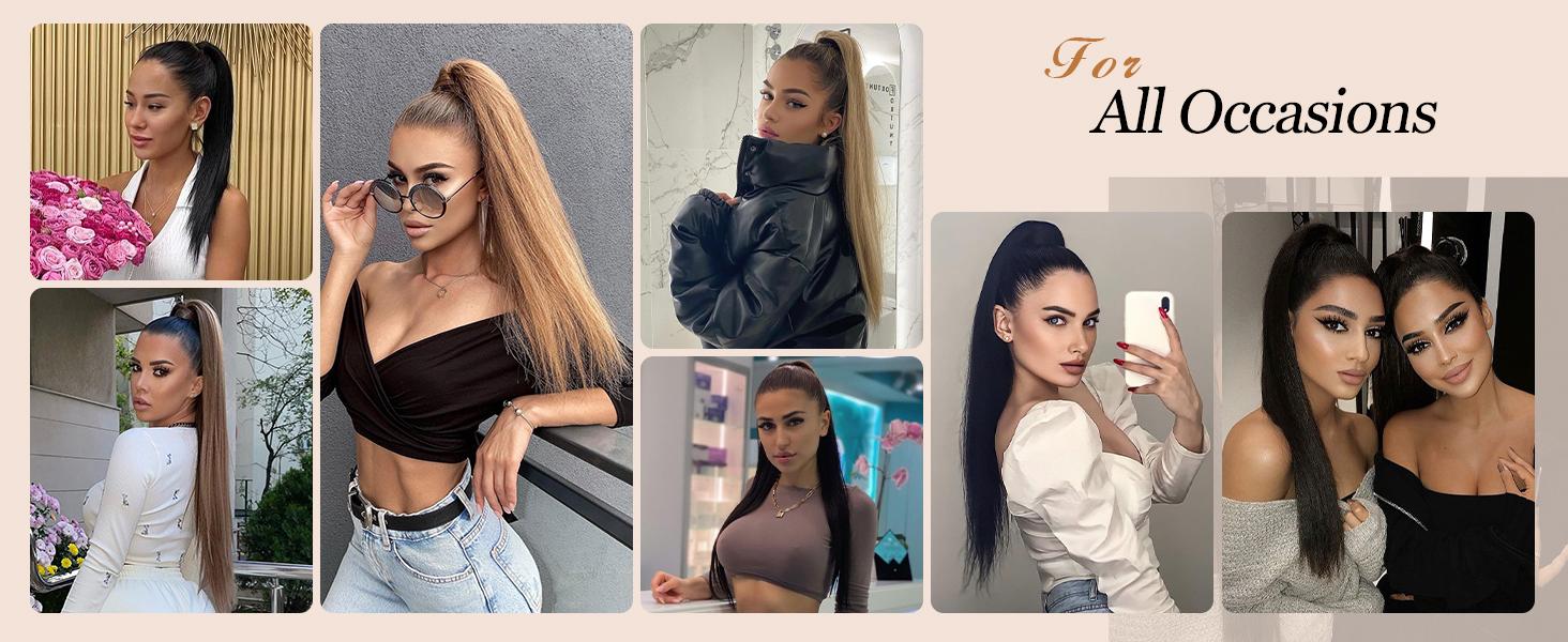FESHFEN Straight Ponytail Extensions Long Drawstring Natural Synthetic Pony Tail Hair Pieces Clip in Ponytails Hairpieces for Women