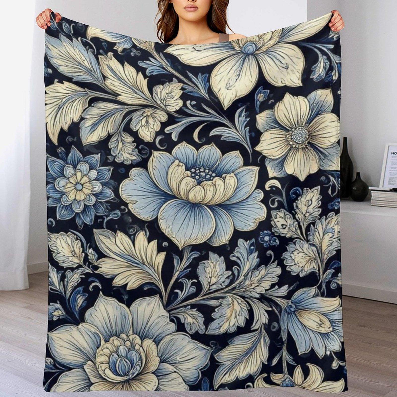Vintage Blue Floral Fleece Throw Blanket, Soft Cozy William Morris Style Blanket for Couch Bed, Aesthetic Botanical Cottagecore Gift for Flower Lovers