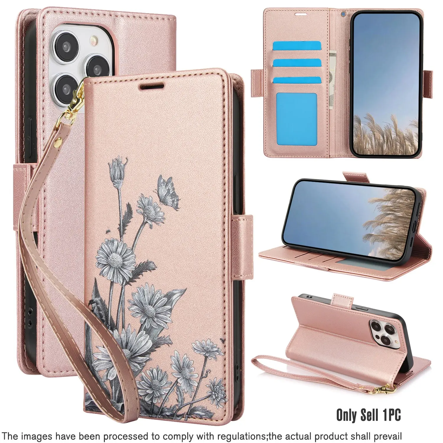Multi-Functional RFID Protection Phone Wallet Case for iPhone 17/16/15/14 Pro Max Wrist Strap, PU Leather Fashion Flower Flip Cover with Card Slots and Cash Pocket, Stand Design, Women's Essential
