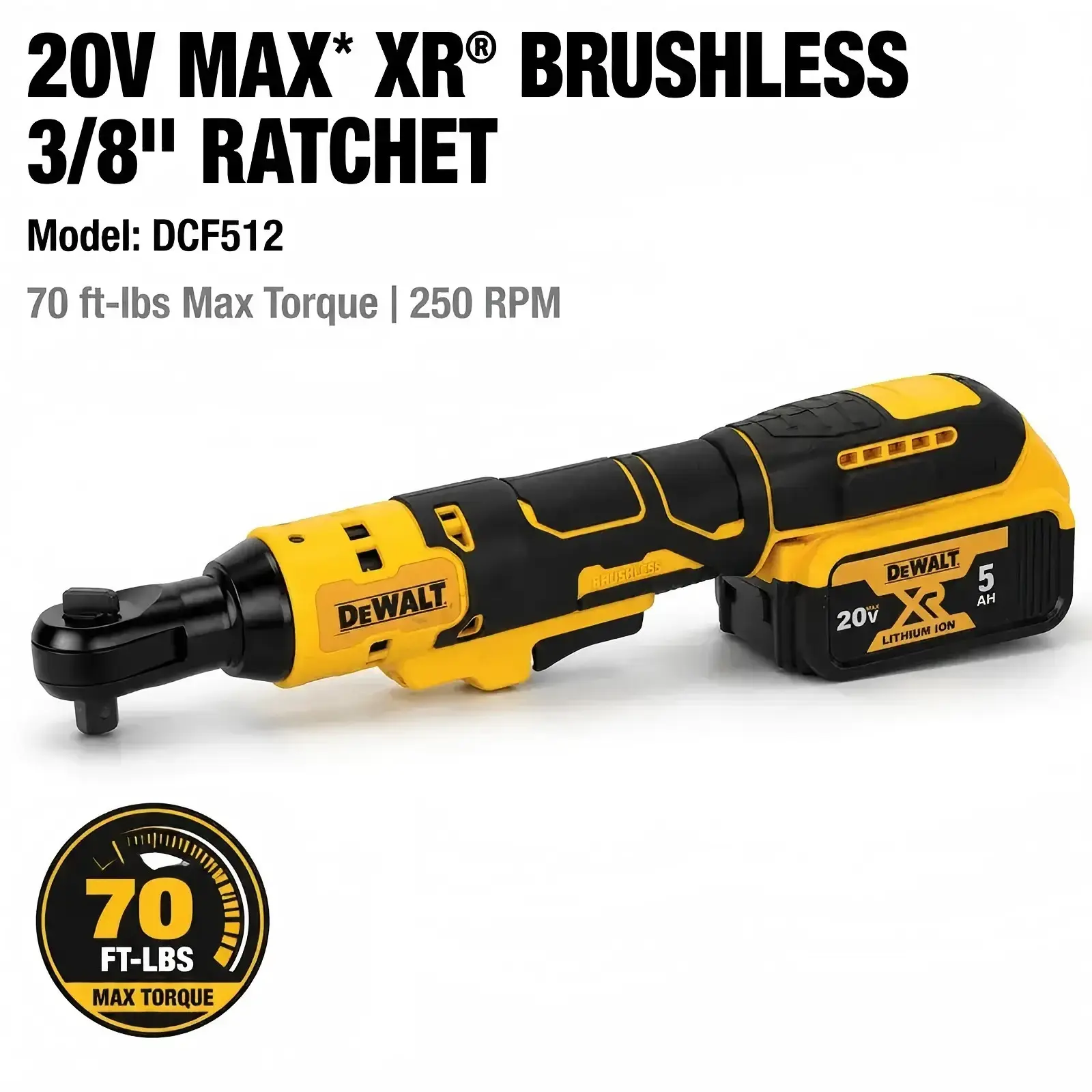 DEWALT 20V MAX XR Cordless 1/2" Brushless Ratchet (DCF512) - 70 ft-lbs Max Torque, Variable Speed Trigger, LED Light, Forward-Reverse, High Torque Driver for Automotive Mechanics' Engine Work, Durable Design, Professional Kit w/5.0Ah Batter