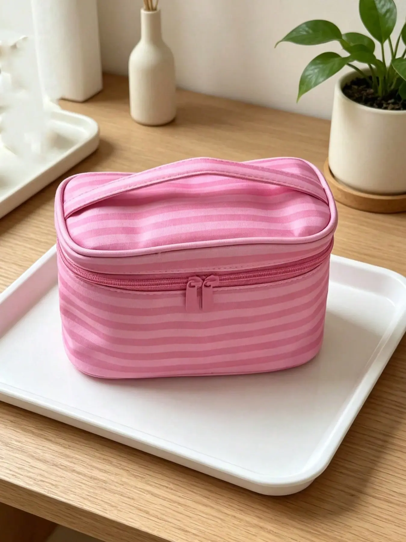 Striped Cosmetic Bag, Large Capacity Portable Makeup Bag with Mirror, Handheld Cosmetics Organizer for Women, All Seasons
