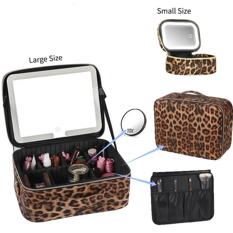 Leopard Print LED Light Makeup Mirror Box, Portable Travel Cosmetic Organizer, Rechargeable 3-Color Lights, Detachable 10x Magnifier, Adjustable Compartments