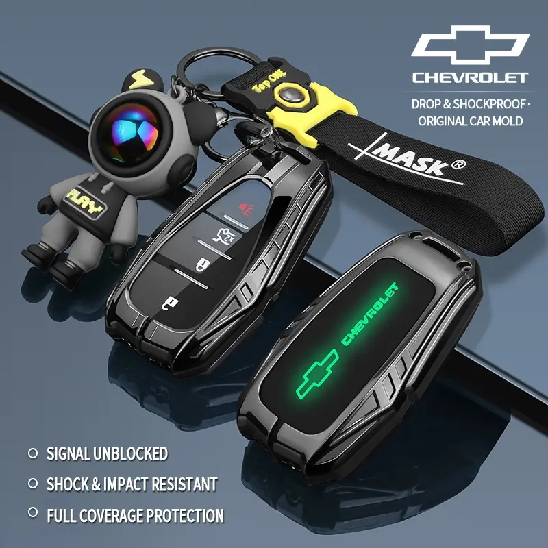 Car key protective case, zinc alloy key cover, remote control protective case, glow-in-the-dark back, fits 2/3/4/5 button keys, suitable for Chevrolet Camaro, Equinox, Malibu, Trailblazer, Tahoe, Suburban, Blazer, and Trax