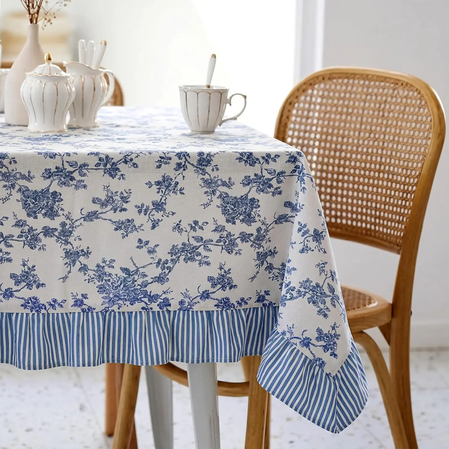 Breling Pastoral Cotton Rectangle Tablecloth - Blue Floral Stripe Ruffle 60x120in Vintage Washable Cover for 4-6 Guests, Dining Kitchen Indoor Outdoor Home Supplies