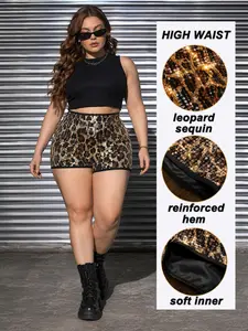 Plus Shorts Women's Glitter Sequin Leopard Shorts Women's Cheetah-Print Micro Shorts, Leopard Y2K Mini Rave Outfits
