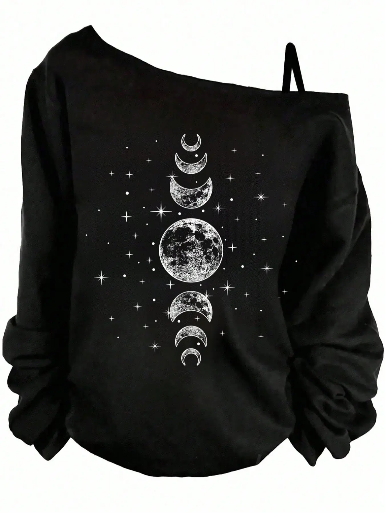 Women's Fall New Design Asymmetrical Shoulder Loose Fit Long Sleeve T-Shirt, Casual Comfortable Moon Print Top, Essential Wardrobe Piece