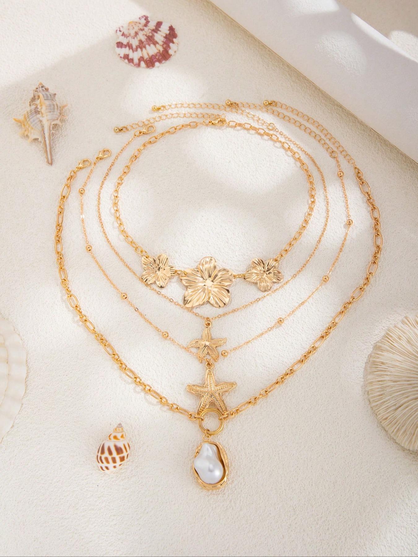 4 Piece Set Women's Vintage Creative Elegant Fashion Metal Flower Baroque Imitation Pearl Necklace, Ocean Style Starfish Pendant Layered Necklace Set Modern Versatile Accessories