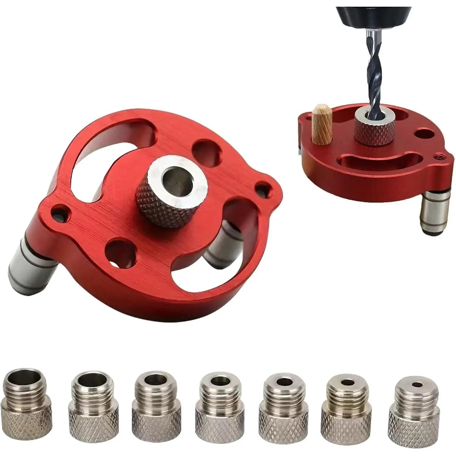 Vertical Self-Centering Dowel Jig Kit for DIY Home Projects, Adjustable Hole Woodwork Tool with 3/4/5/6/7/8/9/10mm Drill Bushings, Multi-Size Hand Drill Guide Locator (Red)