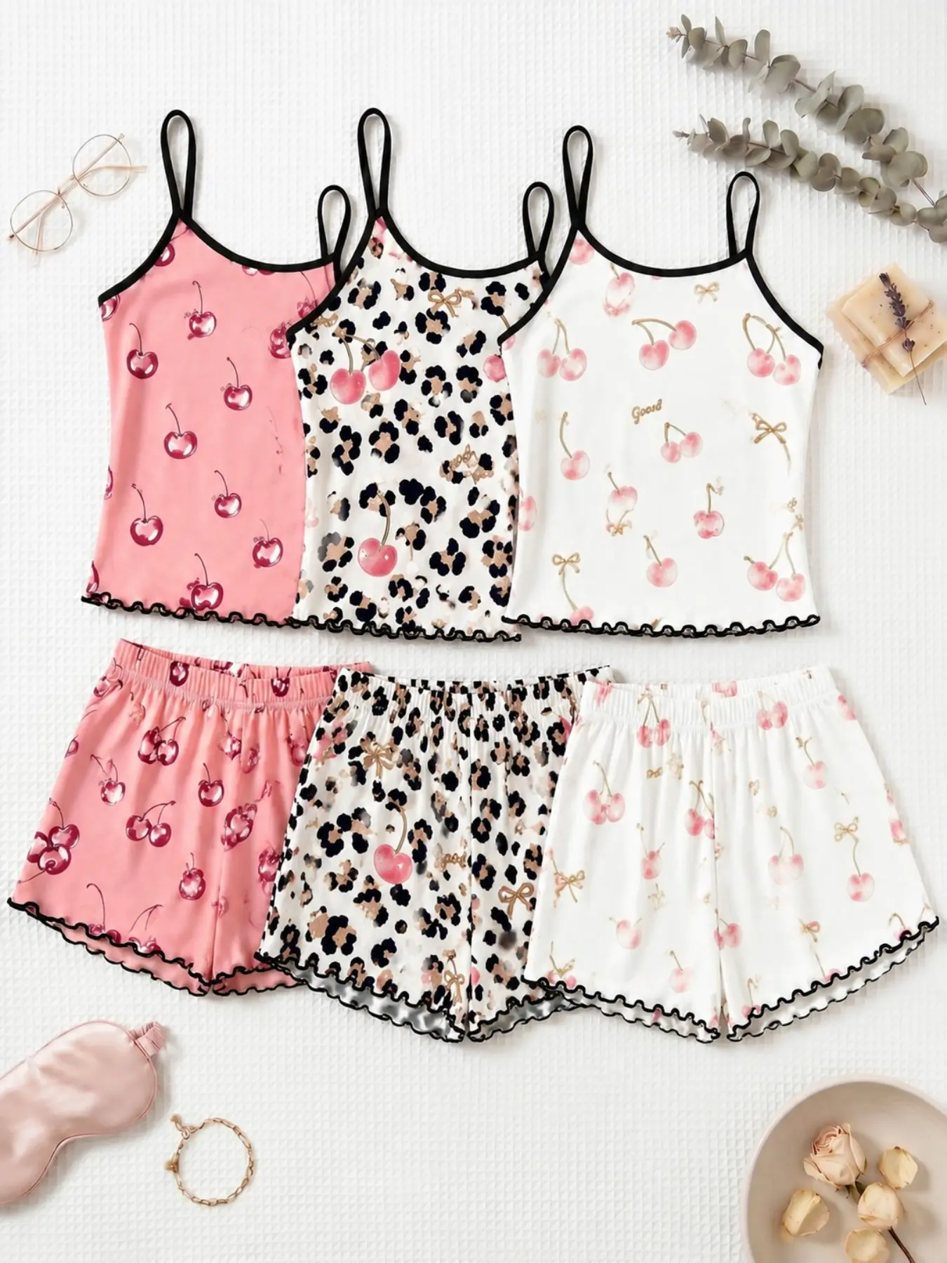 6 Piece Set Viral 2026 Trending Best Seller Women's Sleepwear Cherry Leopard Bow Print Summer Spaghetti Strap Contrast Trim Ruffle Hem Ultra Buttery Soft Milk Silk Fabric Pajama Set Lightweight Comfy Breathable Casual Nightwear for Daily Wear