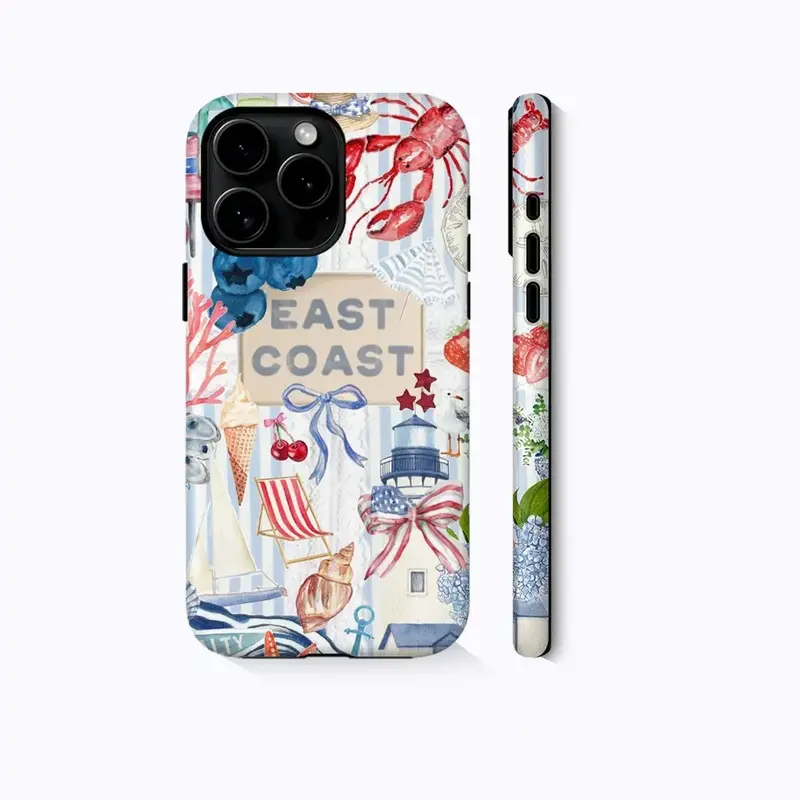 East Coast Watercolor Beach Lobster Shell Nautical Pattern, Dual-Layer Protective Case - Durable, Shock-Absorbing, for iPhone 11, 12, 13, 14, 15, 16, 17 Pro Max, Pro, Plus Series. Fashionable
