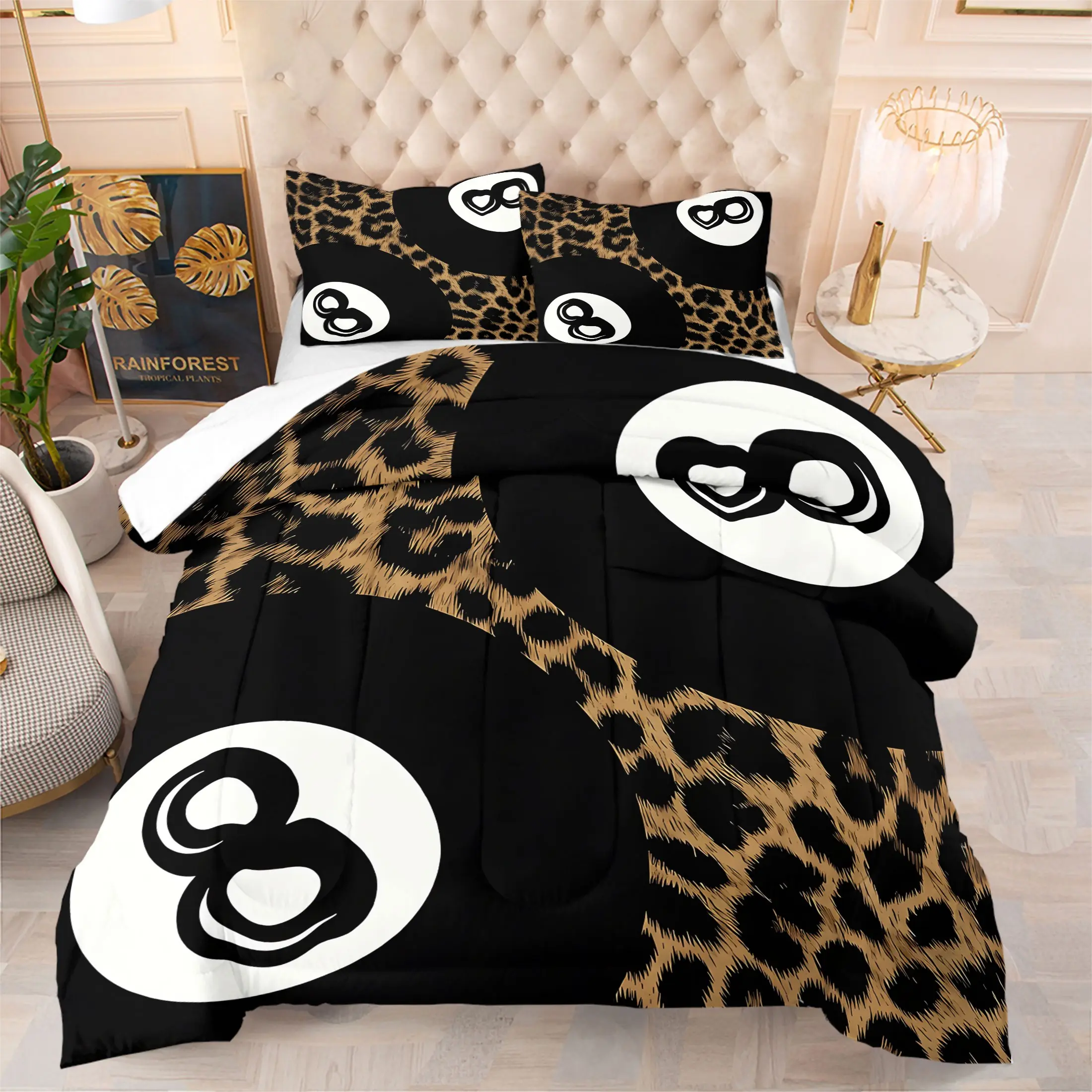 Y2K Lucky 8 Ball Comforter Set-1 Quilt and 1-2 Pillowcases,Trendy Cheetah Print Bedding Set for Kids Boys Girls Men Women Preppy Fashion Leopard Quilt Black Brown Duvet Insert Funky Y2K Bed Set,Room Decor Aesthetic, Bedroom Inspo