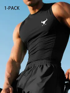 Men’s Sleeveless Gym Tank Tops, Golden Bull Head GYM Print, Slim Fit High Stretch Training Tops, Breathable Polyester Workout Tees, Ideal for Weightlifting, Bodybuilding, Crossfit & Streetwear, Black