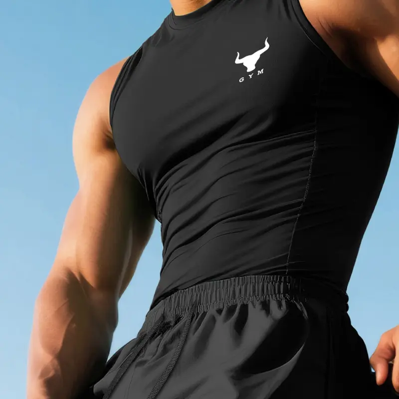 Men's Sleeveless Gym Athletic Tank Tops, Sporty Tank Top, Golden Bull Head GYM Print, Slim Fit High Stretch Training Tops, Breathable Polyester Workout Tees, Workout Clothing, Ideal for Weightlifting, Bodybuilding, Crossfit & Streetwear, Black