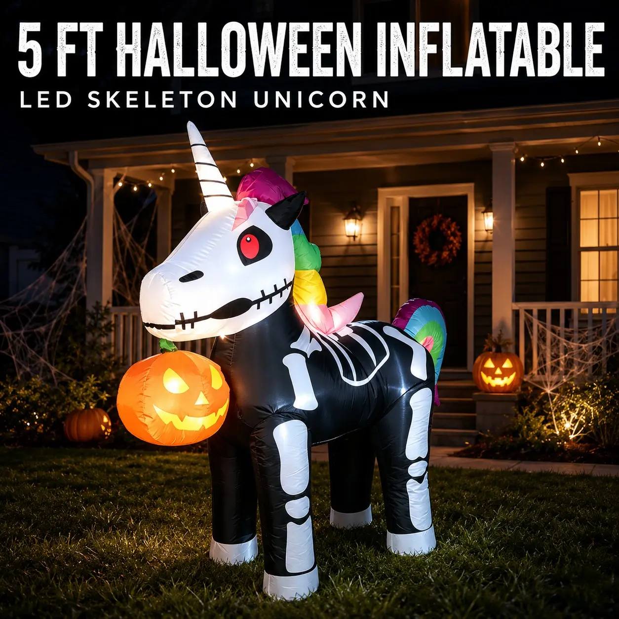 Halloween 1.5m Inflatable Skull Unicorn Pumpkin Light, LED Glowing Courtyard Lawn Outdoor Party Decor, Windproof Easy Install Foldable Storage