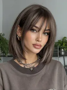 Base Highlights Bobo Short Hair Full Head Wig, Shoulder-Length Straight Bob, Thick French Bangs, Matte Smooth Synthetic Hair