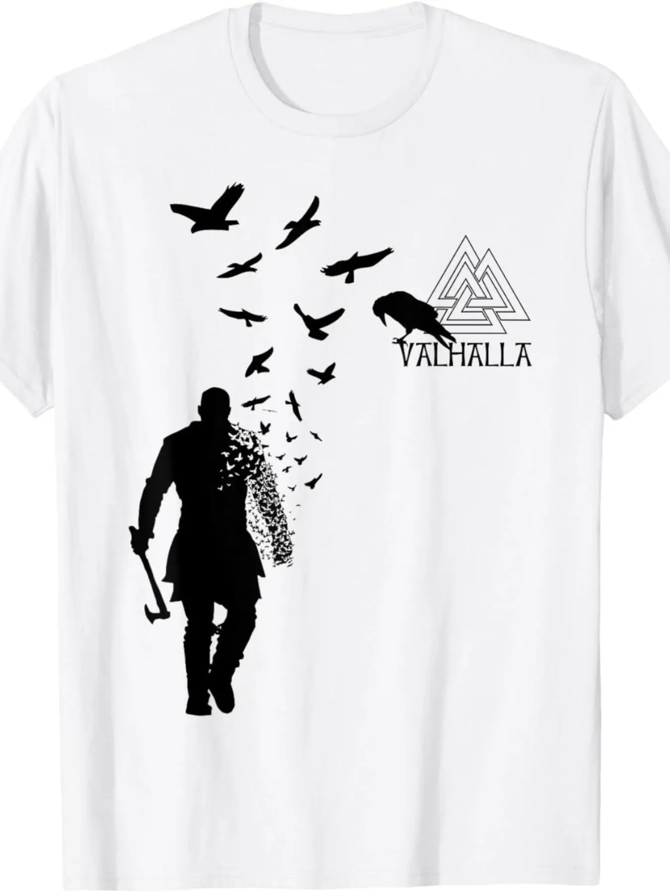 Round Neck Short Sleeve T-Shirt, Viking Ragnar Raven Silhouette Valhalla Norse Mythology Rune Print, Unisex Casual Loose Fit Top