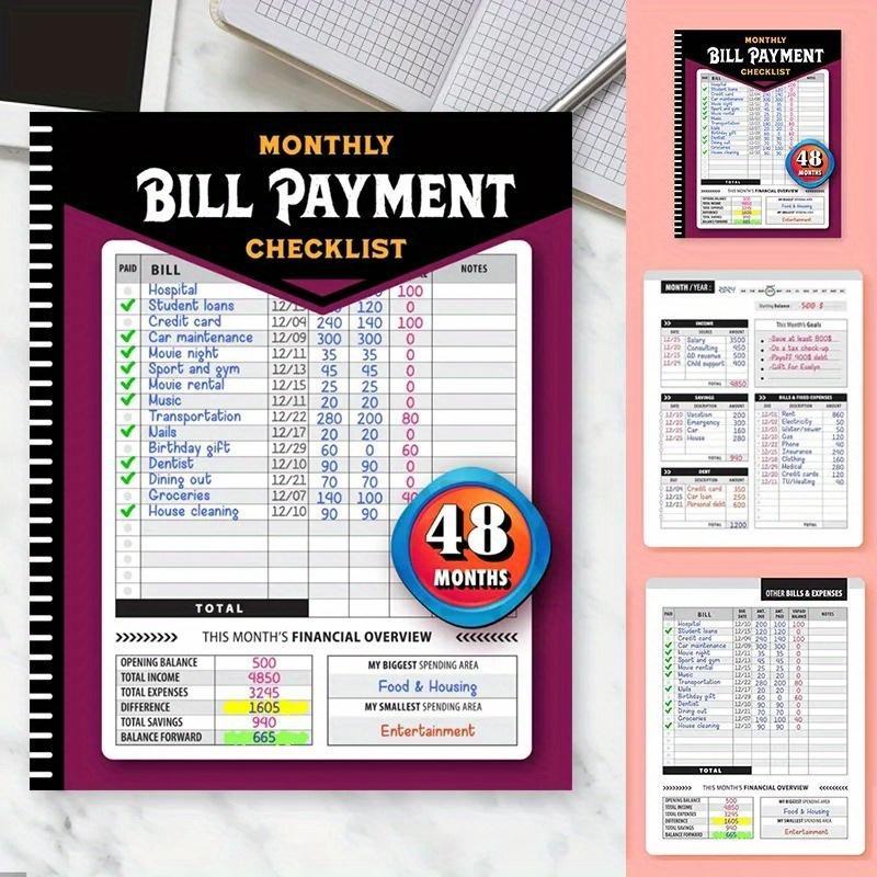 48-Month Bill Payment Checklist Planner, Monthly Bill Tracker Notebook for Home Finances & Budget Management, Finance Checklist Organizer, English Language, Paper Material