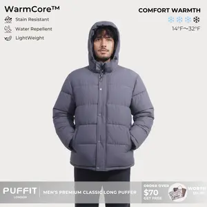 PUFFIT WarmCore Men's Premium Detachable-Hood Puffer Classic Lightweight Winter Coat, Windproof, Water-Repellent, Adjustable Drawstring Design