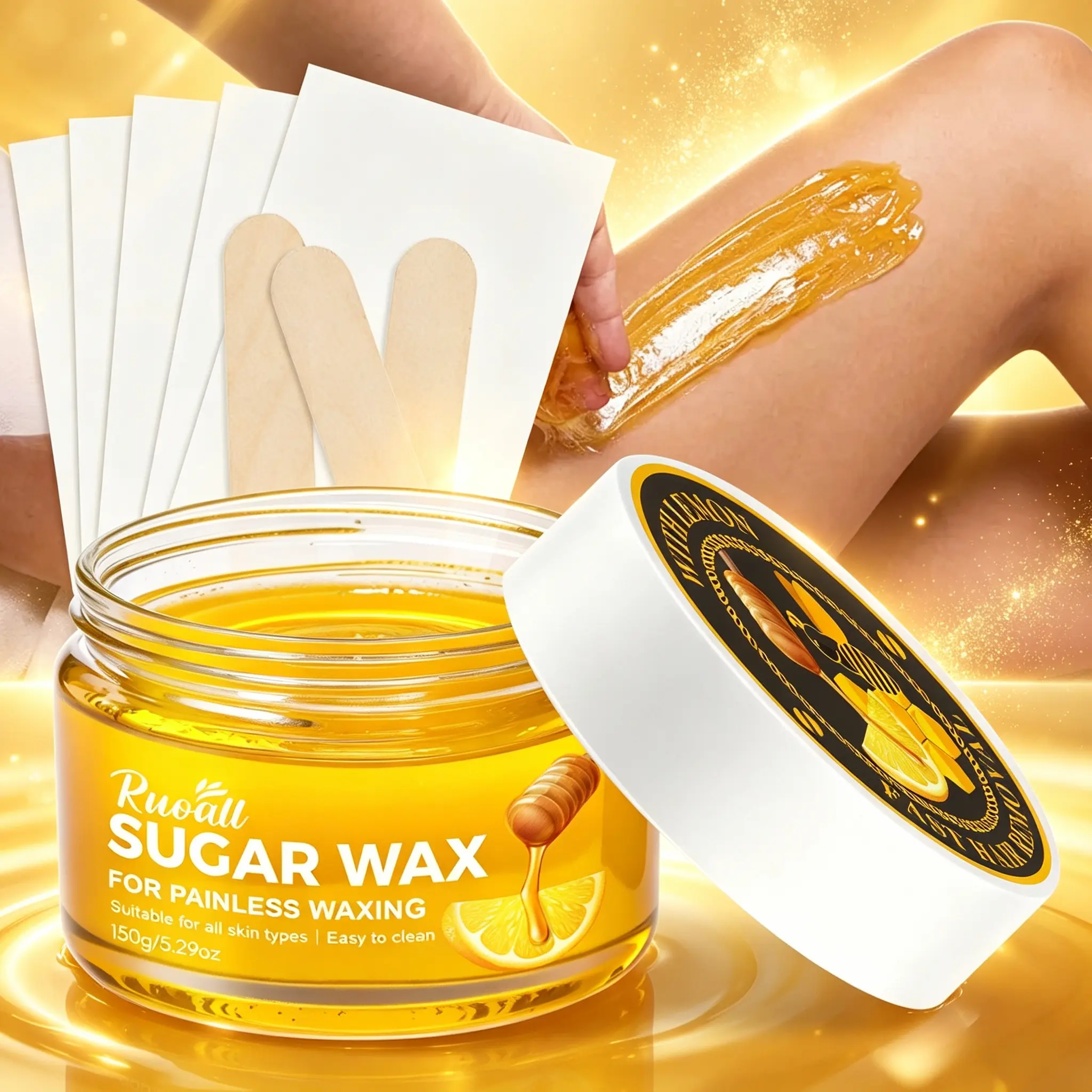 Professional At Home Sugar Waxing Kit 150g Natural Honey Lemon Sugar Wax Painless Hair Remover With Disposable Wax Strips Wooden Applicator Spatulas For Women