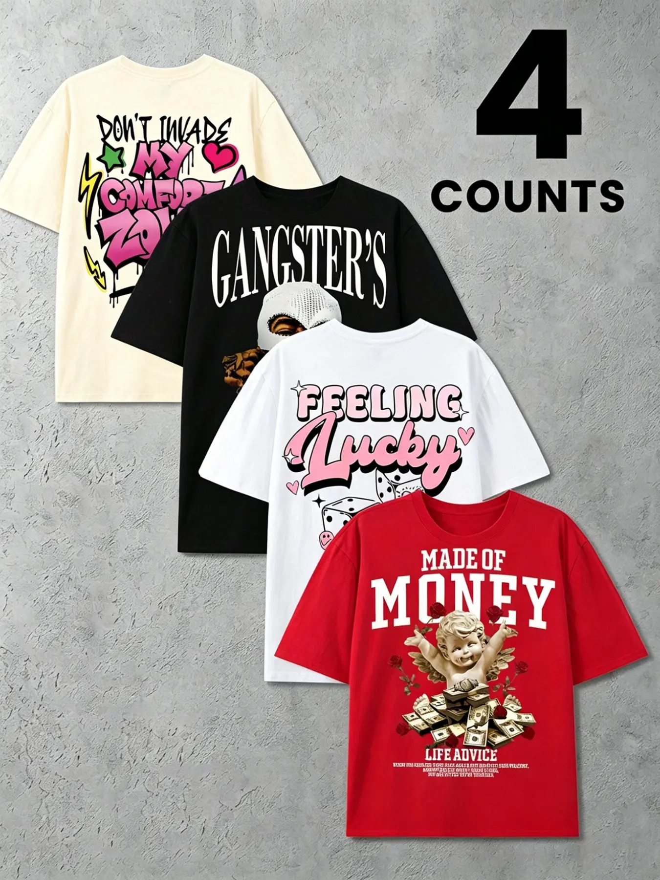 4 Piece Set Dual Graphic Print American Hip Hop Graffiti Angel Heavyweight Short Sleeve Streetwear Vibe T-Shirts, Four Colors Street Retro Double-Sided Printing (4 Pack) Tops