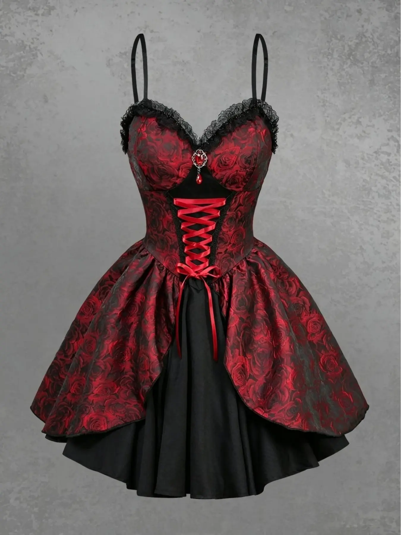 Gothic Rose Embroidered Waist Halter Short Dress, Lace Trim Tie Belt A-Line Dress, Halloween Vampire Costume, Adjustable Straps