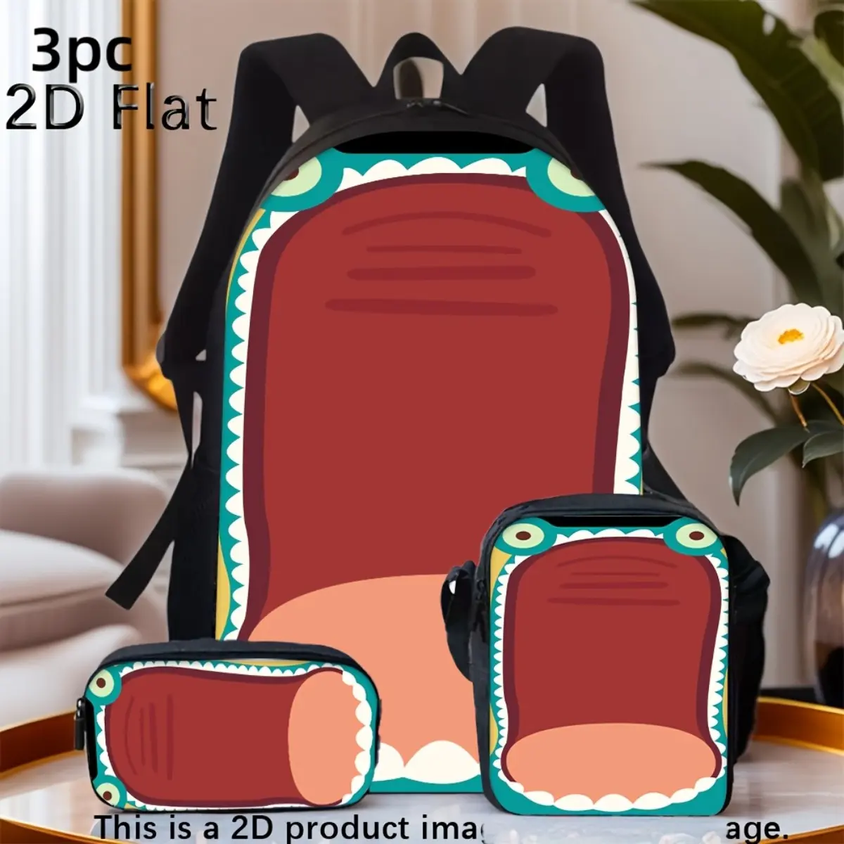 3pcs Cartoon Open Mouth Crocodile Print Backpack Matching Crossbody Bag And Pouch Set for Daily Use