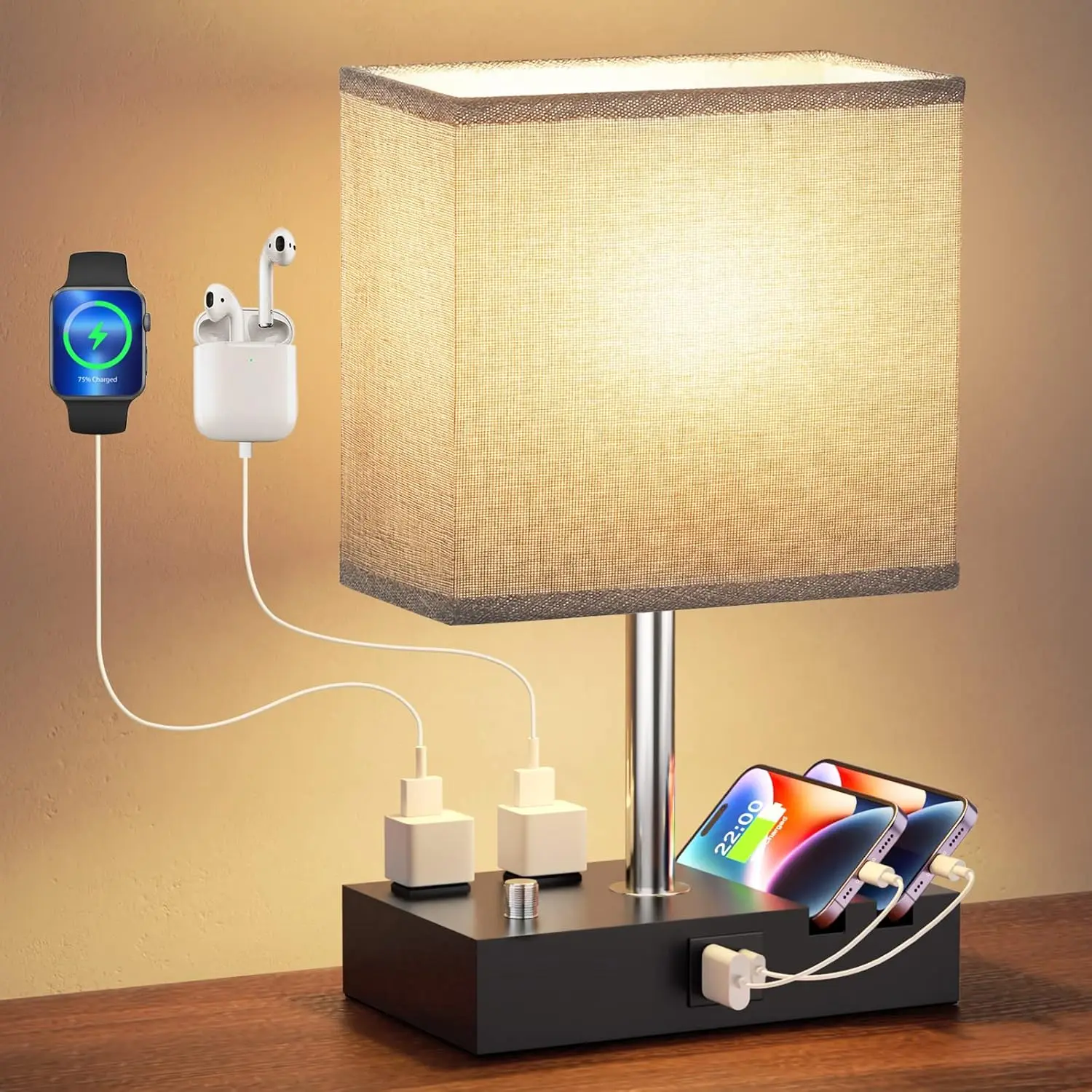 Fully Dimmable Nightstand Lamp with USB-C Ports, Grey Small Bedside Table Lamp with Charging Outlets & Phone Stand, Wooden Desk Lamp for Living Room, LED Bulb Included