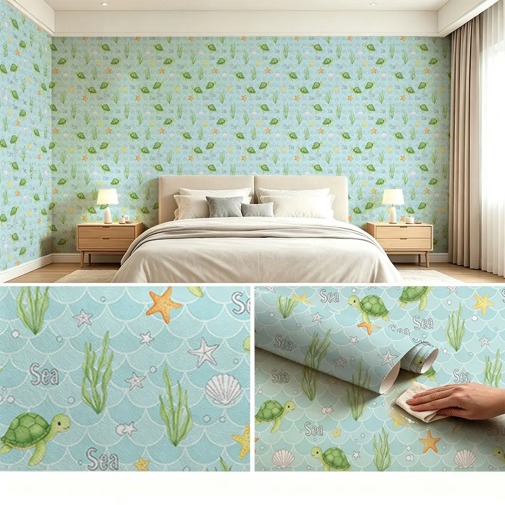 Cartoon Turtle Underwater Pattern Wallpaper, PVC Material, Self-Adhesive, Moisture-Proof, Ideal for Kitchen/living Room/bedroom Decor
